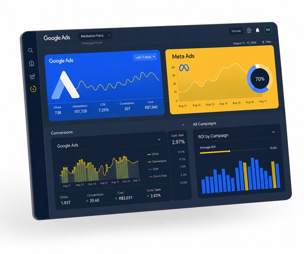 Dashboard de campanhas Google Ads e Meta Ads